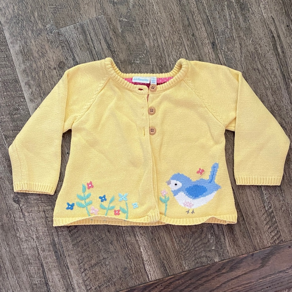 JoJo Maman Bebe Yellow Cotton Knit Cardigan with Blue Bird Design